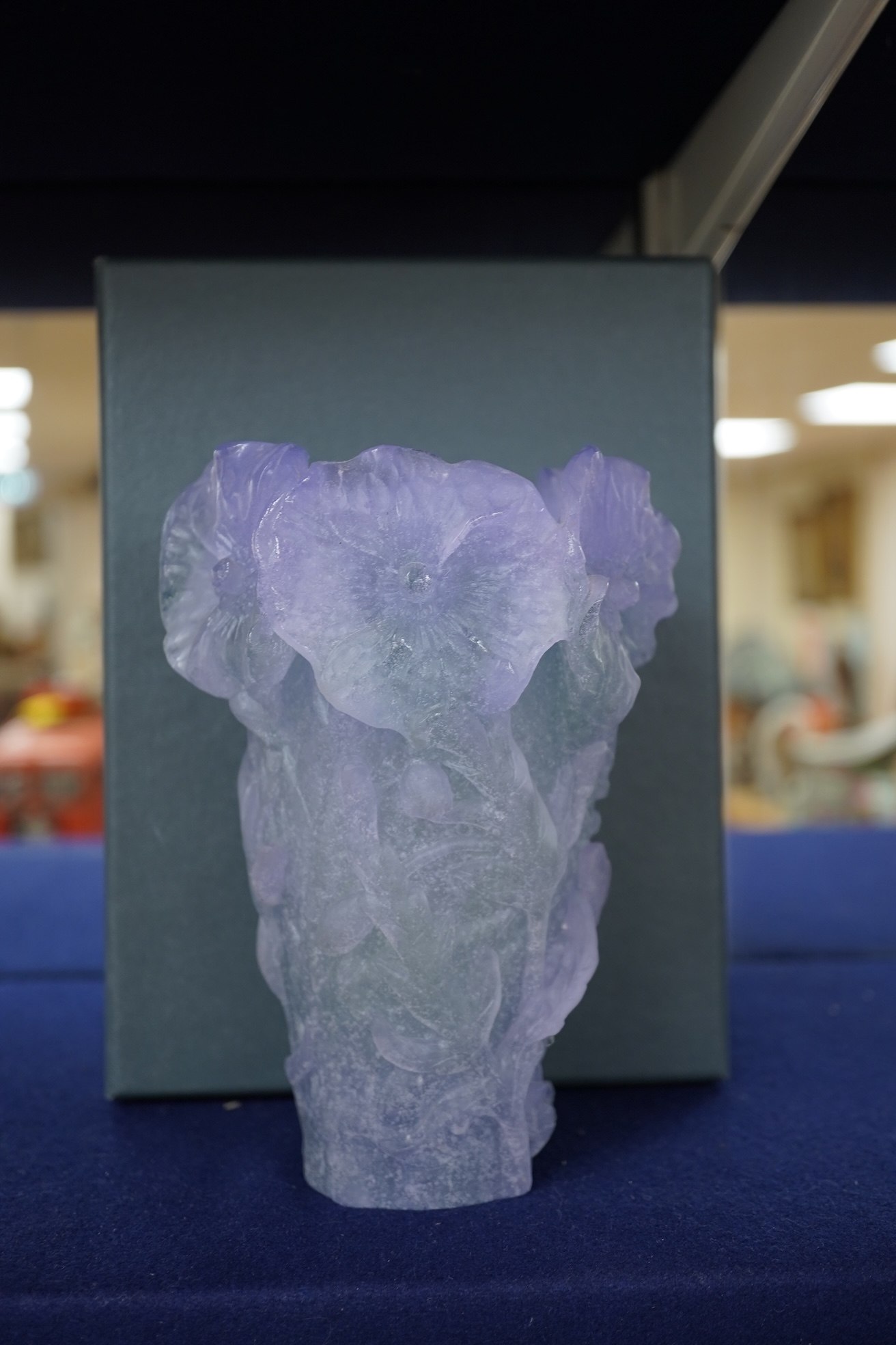 A modern Daum pate-de-verre Poppy lavender vase, boxed, 17cm high